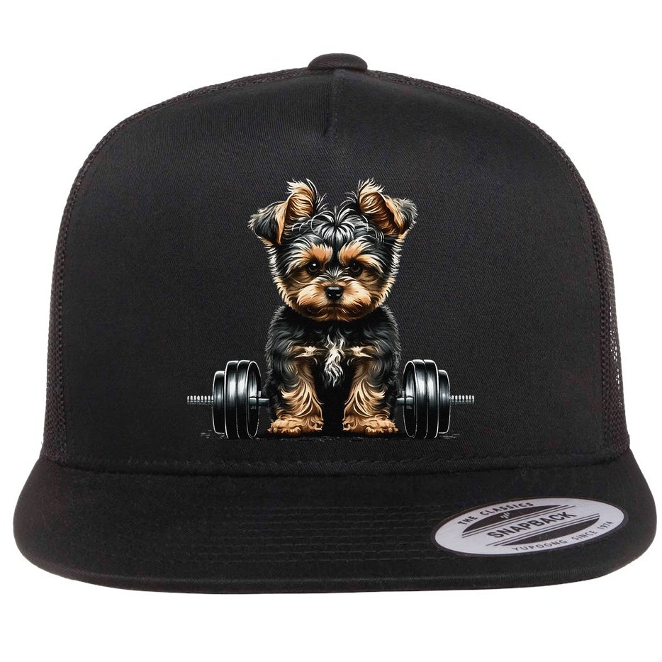 Yorkie Weightlifting Dog Funny Fitness Gym Yorkshire Terrier Flat Bill Trucker Hat