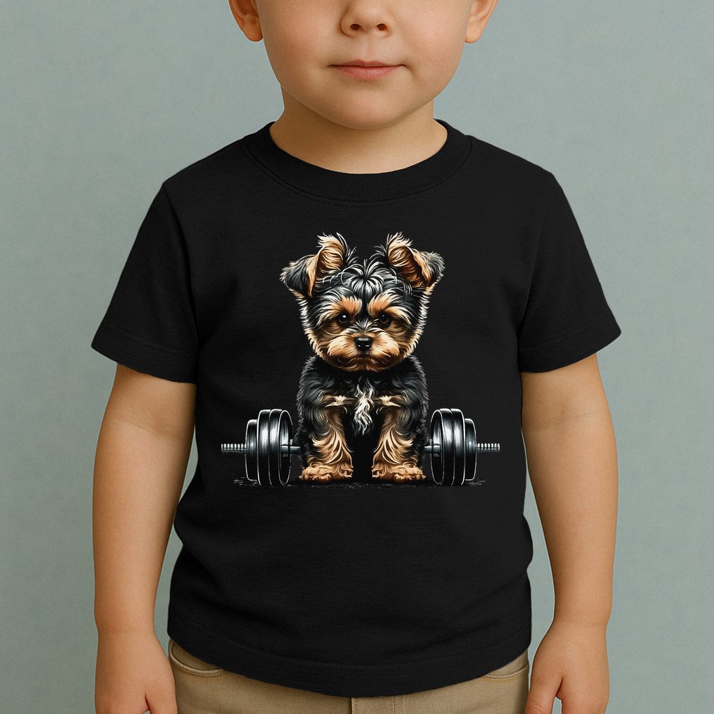 Yorkie Weightlifting Dog Funny Fitness Gym Yorkshire Terrier Toddler T-Shirt