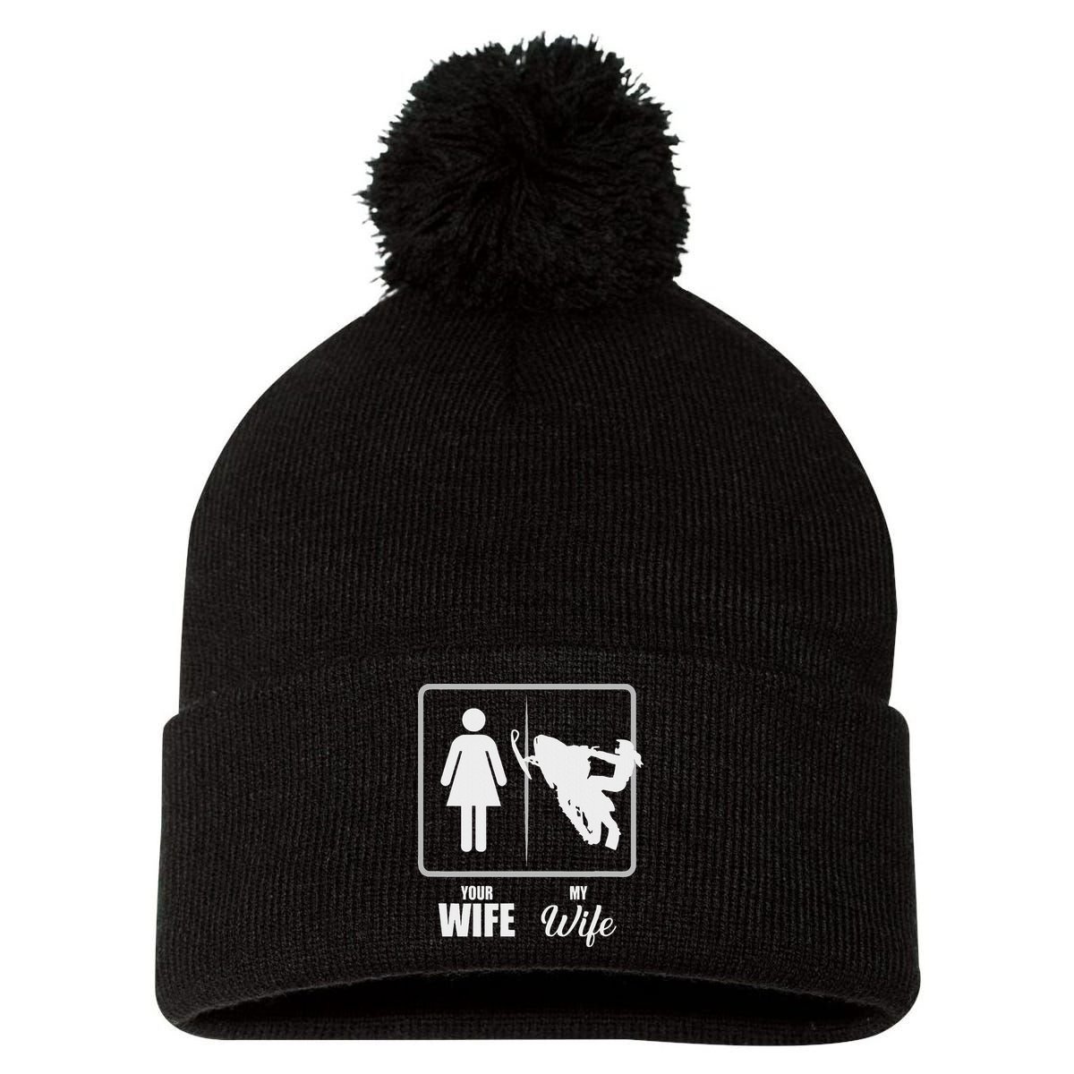 Your Wife My Wife Snowmobile Valentine Pom Pom 12in Knit Beanie