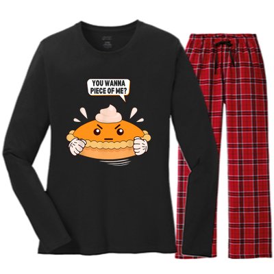 You Wanna Piece Of Me. Pumpkin Pie Lover Funny Thanksgiving Women's Long Sleeve Flannel Pajama Set 