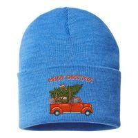 Yorkie Xmas Vintage Red Pickup Retro Truck Meaningful Gift Sustainable Knit Beanie