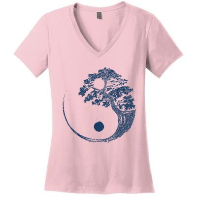 Yin Yang Blue Bonsai Tree Japanese Buddhist Zen Women's V-Neck T-Shirt