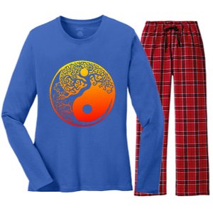 Yin Yang Bonsai Tree Japanese Cute Gift Golden Sun Buddhist Zen Women's Long Sleeve Flannel Pajama Set 