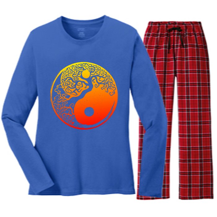 Yin Yang Bonsai Tree Japanese Cute Gift Golden Sun Buddhist Zen Women's Long Sleeve Flannel Pajama Set 