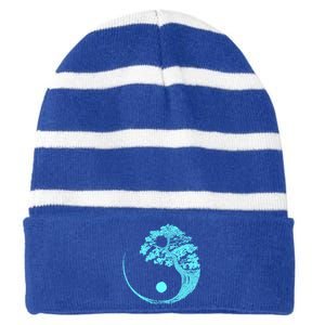 Yin Yang Turquoise Blue Bonsai Tree Japanese Buddhist Zen Gift Striped Beanie with Solid Band