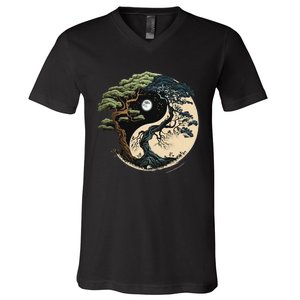 Yin Yang Tree Of Life On Buddhist Bonsai Tree V-Neck T-Shirt