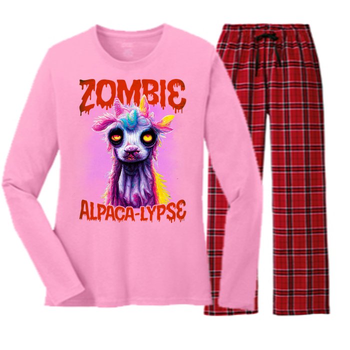 Zombie Alpaca Lypse Halloween Llama Spooky Costumes Graphic Plus Size Women's Long Sleeve Flannel Pajama Set 