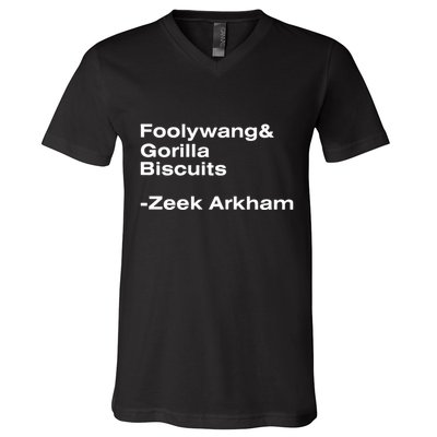 Zeek Arkham Wearing Foolywang Gorilla Biscuits V-Neck T-Shirt
