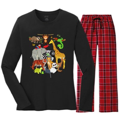 Zoo Animals Wildlife Birthday Party Zoo Day 26 Animals Women's Long Sleeve Flannel Pajama Set 