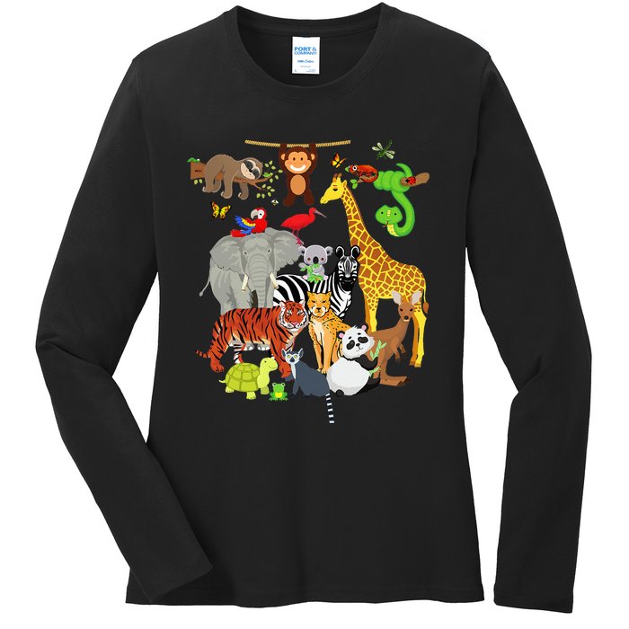 Zoo Animals Wildlife Birthday Party Zoo Day 26 Animals Ladies Long Sleeve Shirt