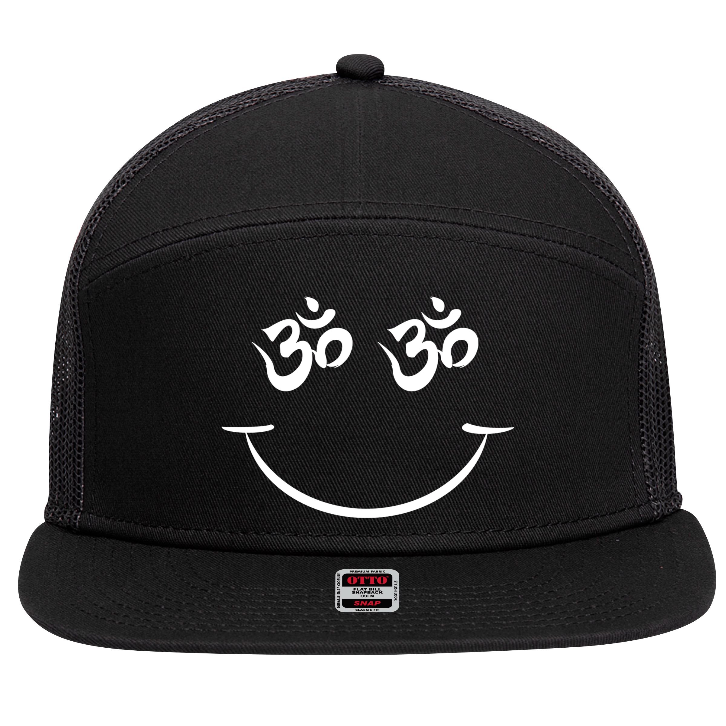 Zen Buddha Buddhist OM AUM Smiley 7 Panel Mesh Trucker Snapback Hat