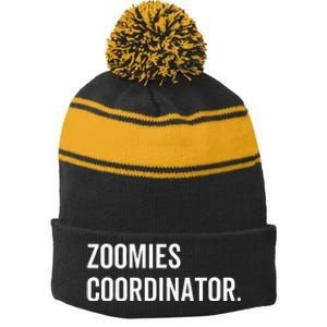 Zoomies Coordinator Humorous Dog Walker Humor Sarcasm Stripe Pom Pom Beanie