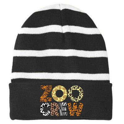 Zoo Crew Leopard Animals Print Zookeeper Zoological Garden Striped Beanie with Solid Band