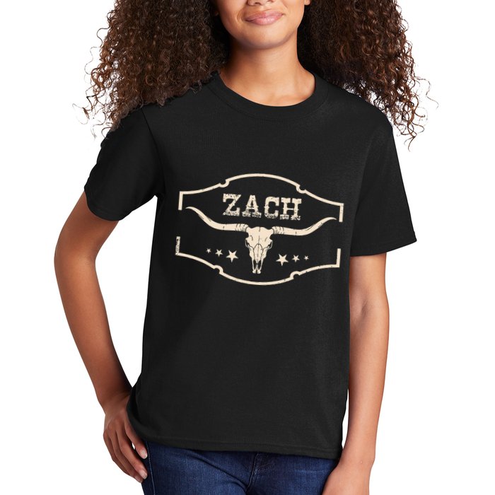 Zach Distressed Name Pride Zach Bull Skull And Leopard 80s Kids T-Shirt