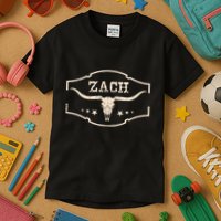 Zach Distressed Name Pride Zach Bull Skull And Leopard 80s Kids T-Shirt