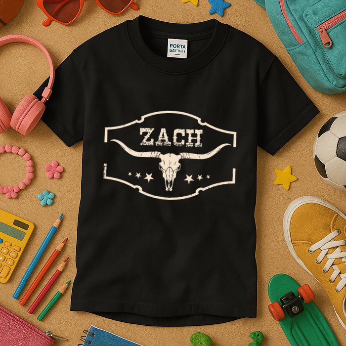 Zach Distressed Name Pride Zach Bull Skull And Leopard 80s Kids T-Shirt