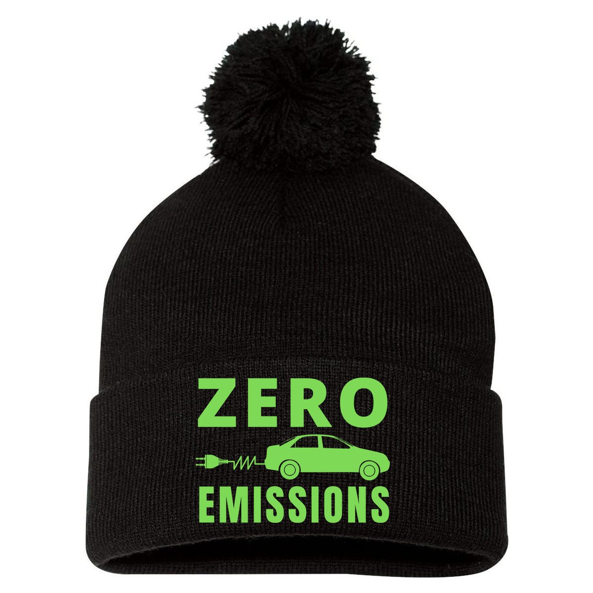 Zero Emissions Funny Electric Car Funny Electric Car Plug Me In E-Car Pom Pom 12in Knit Beanie