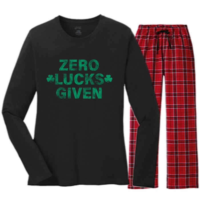 Zero Lucks Given Vintage St Patricks Day Women's Long Sleeve Flannel Pajama Set 