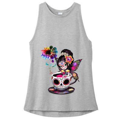 Zero Fucks Given Sugar Skull Rainbow Sunflower Ladies PosiCharge Tri-Blend Wicking Tank