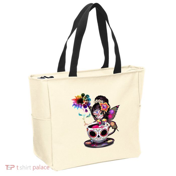 Zero Fucks Given Sugar Skull Rainbow Sunflower Zip Tote Bag