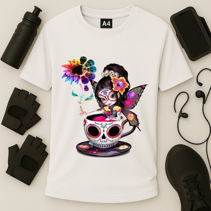 Zero Fucks Given Sugar Skull Rainbow Sunflower Cooling Performance Crew T-Shirt