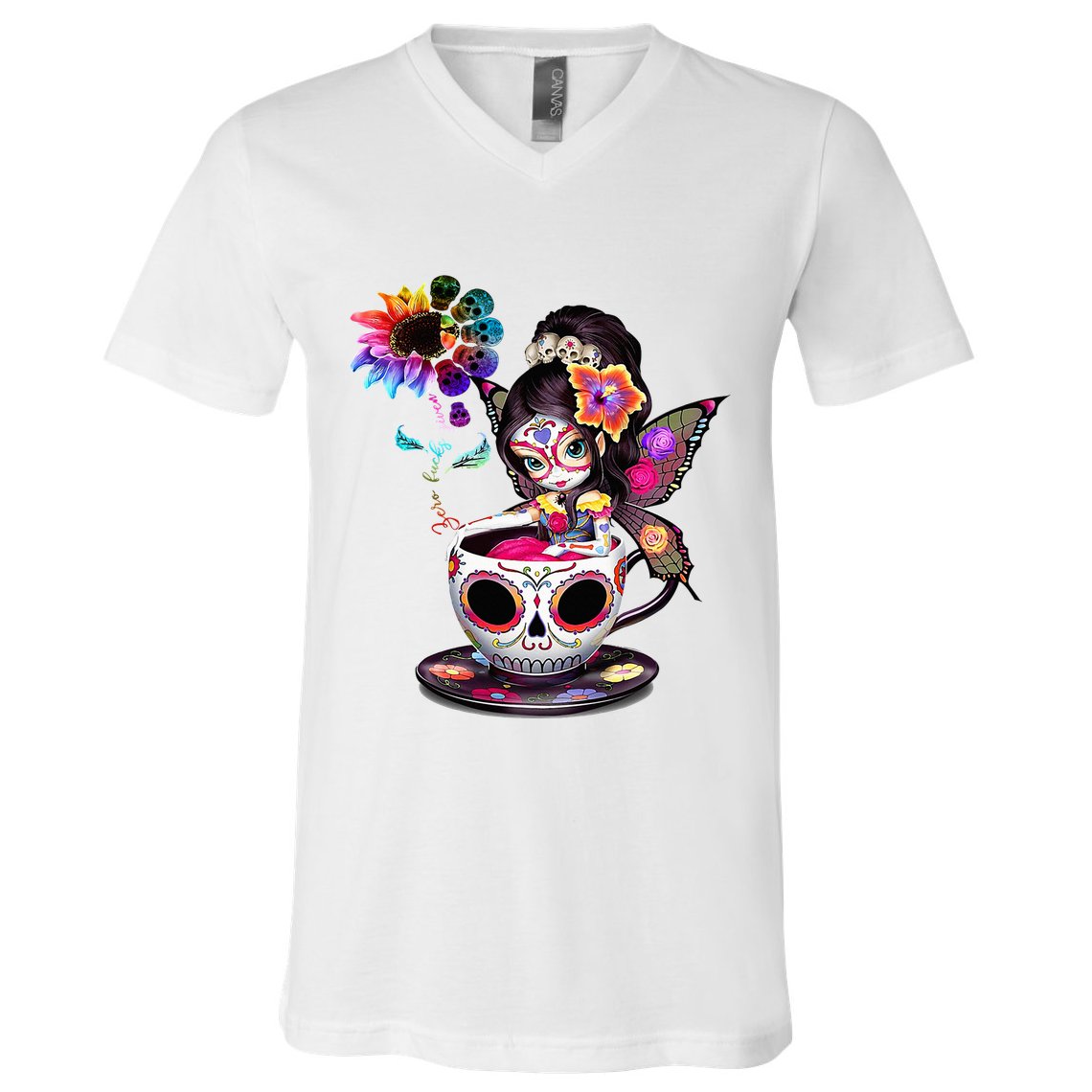 Zero Fucks Given Sugar Skull Rainbow Sunflower V-Neck T-Shirt