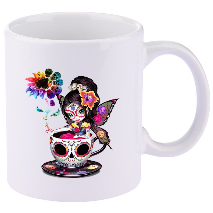 Zero Fucks Given Sugar Skull Rainbow Sunflower 11oz C Handle Ceramic Mug