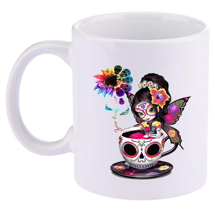 Zero Fucks Given Sugar Skull Rainbow Sunflower 11oz C Handle Ceramic Mug
