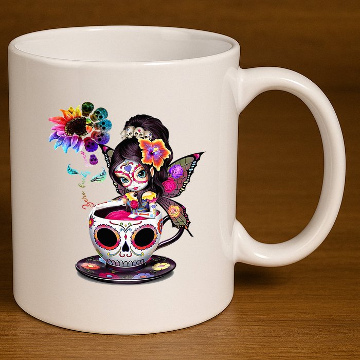 Zero Fucks Given Sugar Skull Rainbow Sunflower 11oz C Handle Ceramic Mug