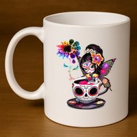 Zero Fucks Given Sugar Skull Rainbow Sunflower 11oz C Handle Ceramic Mug