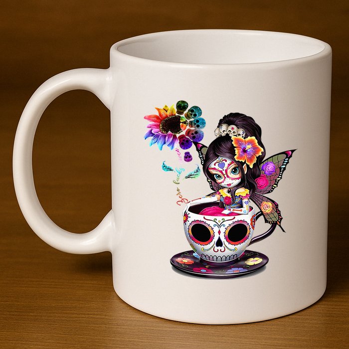 Zero Fucks Given Sugar Skull Rainbow Sunflower 11oz C Handle Ceramic Mug