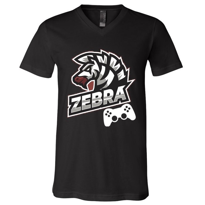 Zebra Gamer Controller Graphic Design For Gamer Kids V-Neck T-Shirt