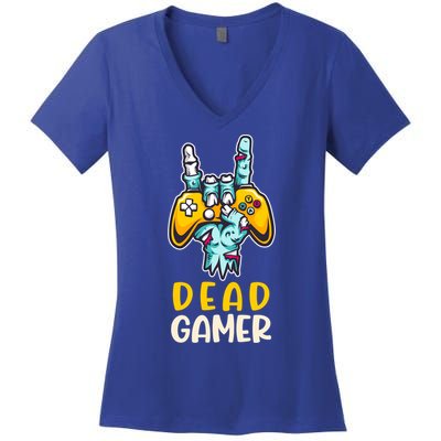 Zombie Gamer Halloween Video Game Skeleton Dia De Muertos Funny Gift Women's V-Neck T-Shirt