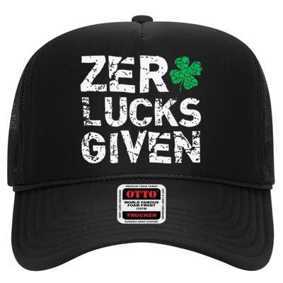 Zero Lucks Given Funny St. Saint Patrick's Day High Crown Mesh Back Trucker Hat