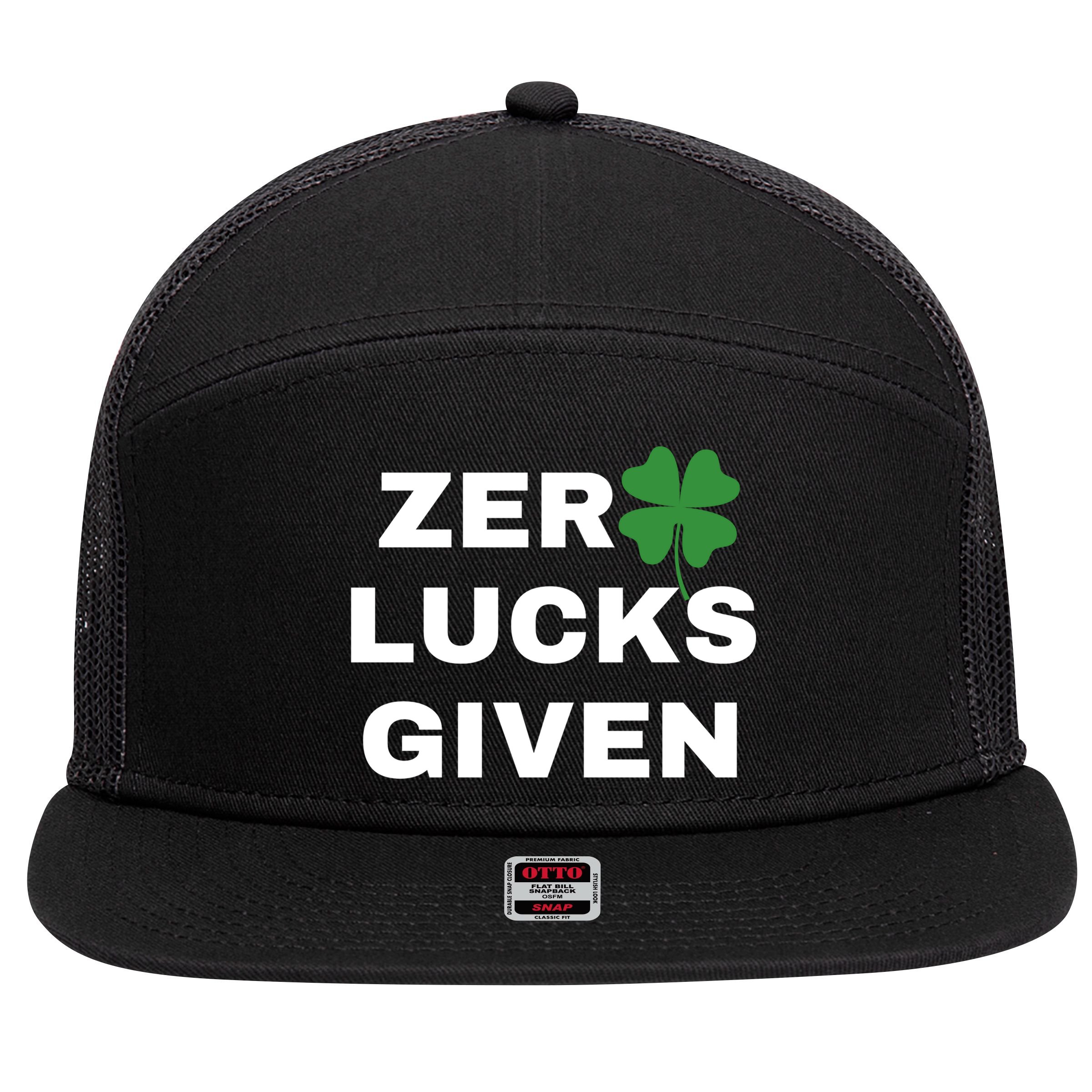 Zero Lucks Given Shamrock St Patricks Day 7 Panel Mesh Trucker Snapback Hat