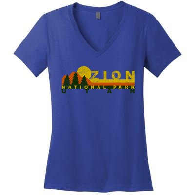 Zion National Park Sunny Mountain Treeline Gift Women's V-Neck T-Shirt