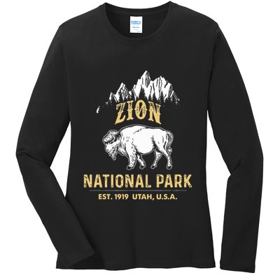 Zion National Park Utah Usa Bison Buffalo Ladies Long Sleeve Shirt