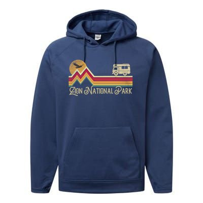 Zion National Park Vintage Retro Style Mountain Camping Hike Gift Performance Fleece Hoodie