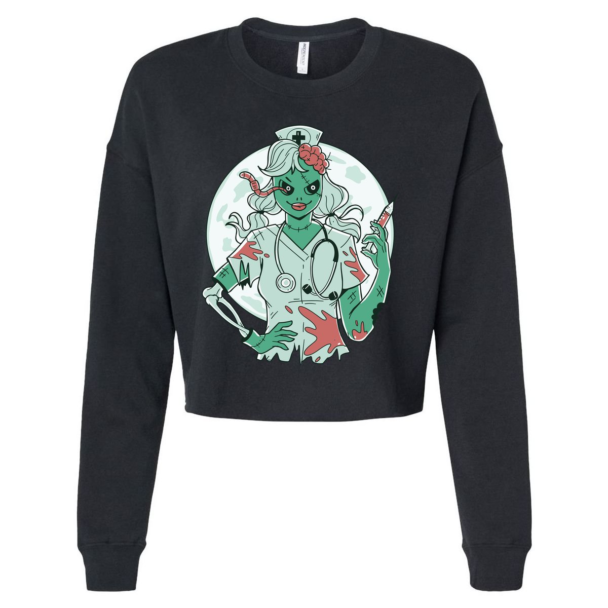 Zombie Nurse Spooky Halloween Cropped Pullover Crew