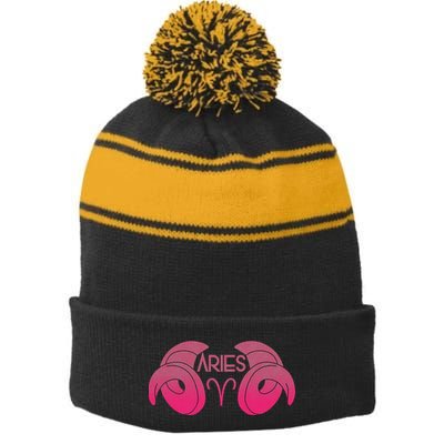 Zodiac Aries Ram Horns Stripe Pom Pom Beanie