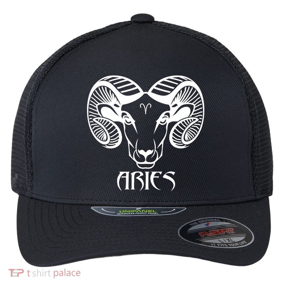 Zodiac Aries Ram Horns Face Flexfit Unipanel Trucker Cap