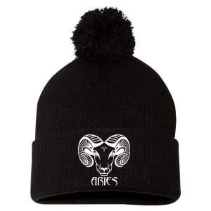 Zodiac Aries Ram Horns Face Pom Pom 12in Knit Beanie