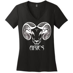 Zodiac Aries Ram Horns Face Women's V-Neck T-Shirt