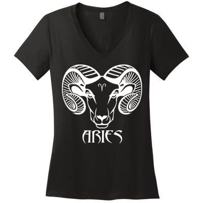 Zodiac Aries Ram Horns Face Women's V-Neck T-Shirt