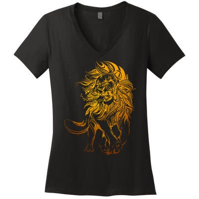 Zodiac Leo Lion Floral Tribal Design Women's V-Neck T-Shirt