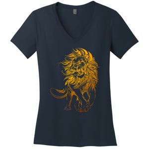 Zodiac Leo Lion Floral Tribal Design Women's V-Neck T-Shirt