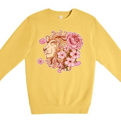 Zodiac Leo Lion with Japanese Cherry Blossoms Premium Crewneck Sweatshirt