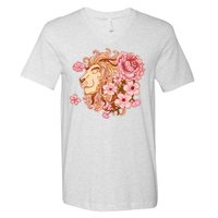 Zodiac Leo Lion with Japanese Cherry Blossoms V-Neck T-Shirt