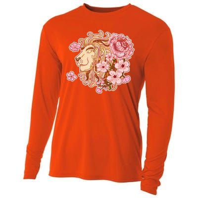 Zodiac Leo Lion with Japanese Cherry Blossoms Cooling Performance Long Sleeve Crew