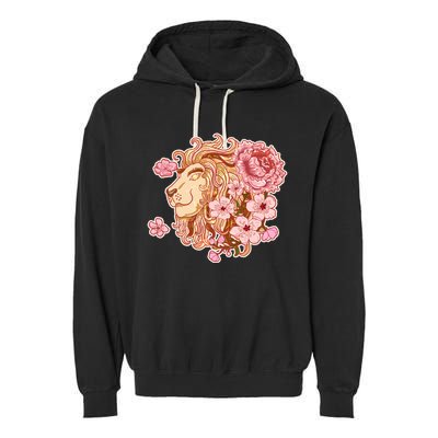 Zodiac Leo Lion with Japanese Cherry Blossoms Garment-Dyed Fleece Hoodie